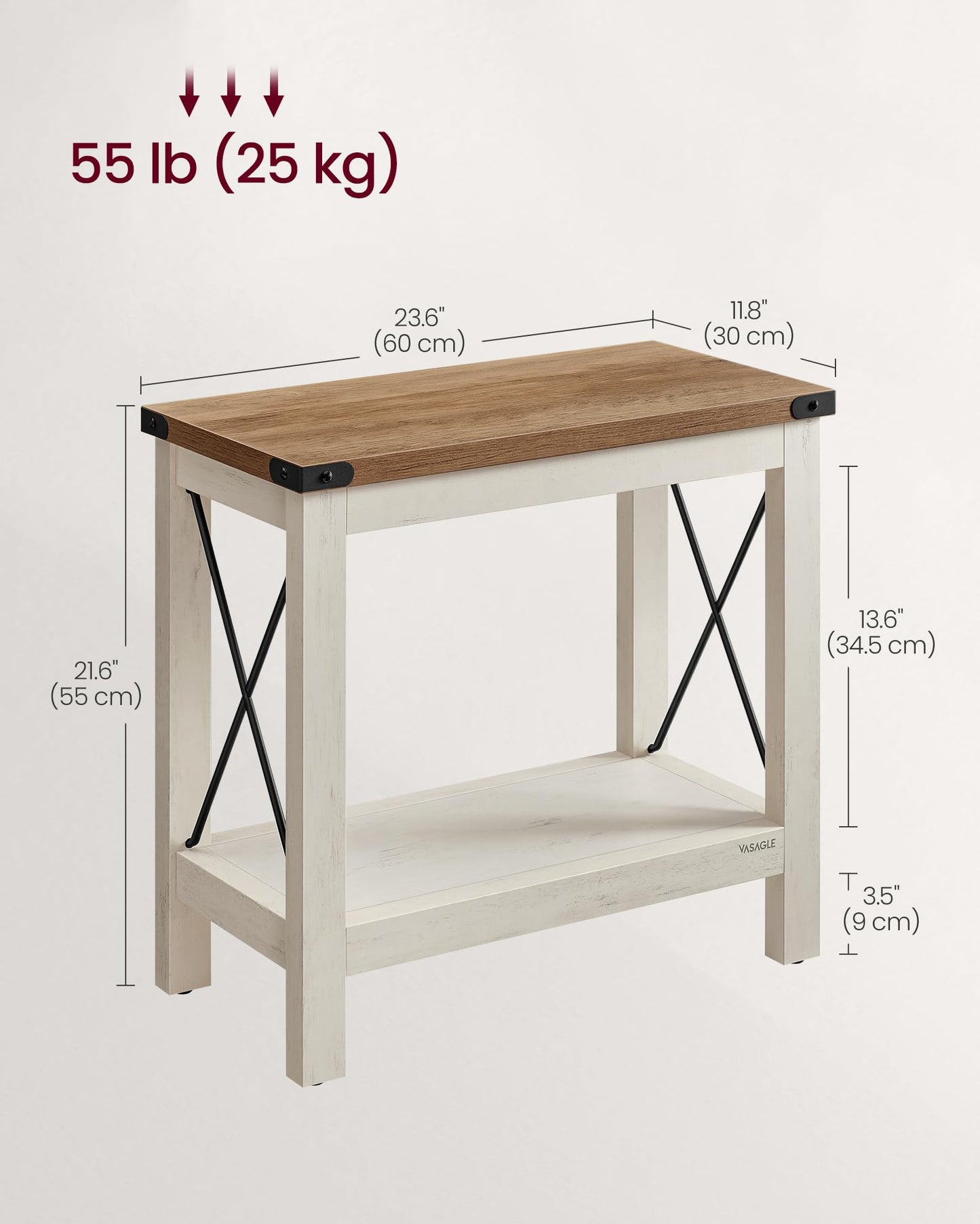 VASAGLE 2-Tier Side Table, End Table with Bottom Shelf, Nightstand for Small Spaces, for Living Room, Bedroom, Farmhouse Style, Rustic White and Honey Brown LET235W01