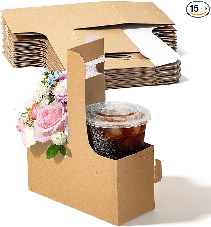 FMP Brands 2 Cup Disposable Drink Carrier with Handle, 15 Pack Kraft Paperboard Handled Drink Carriers 12-30 oz to Go Coffee Cup Holder, Cup Carrier for Cold Hot Drinks, Valentine Mother's Day