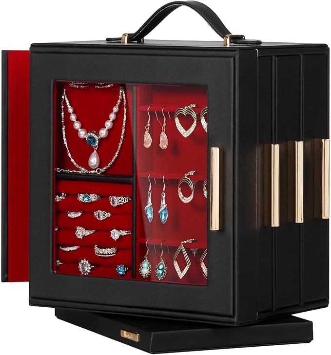 Homde Valentine's Day Gifts Jewelry Box 360Â° Rotating, Necklace Earring Organizer with Transparent Window, Mirror, 7 Drawers, Large Ring Display Storage Case for Girls Women (Black + Red)