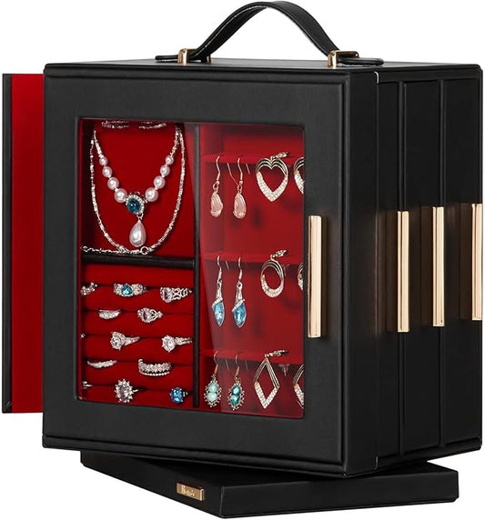 Homde Valentine's Day Gifts Jewelry Box 360Â° Rotating, Necklace Earring Organizer with Transparent Window, Mirror, 7 Drawers, Large Ring Display Storage Case for Girls Women (Black + Red)