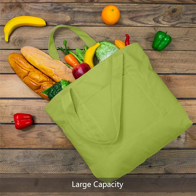 TOPDesign 3-Pack Canvas Tote Bags with an External Pocket, Reusable Grocery Shopping Bags, Top Zipper Closure, Daily Essentials (Light Green)