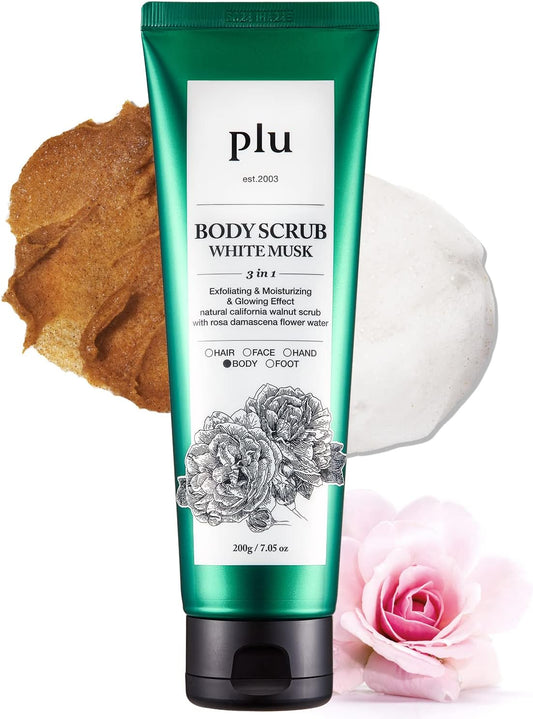 PLU Original Korean Walnut Body Scrub Polish - White Musk - Exfoliating & Hydrating Glow for Smooth, Radiant Skin Texture - Soft Musk Scent, 7.05 oz.