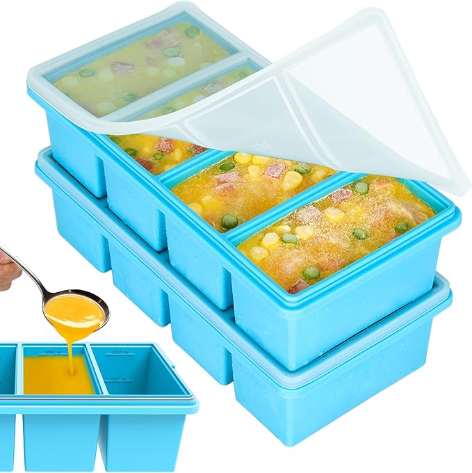 1 cup Silicone Freezer Trays with Lids, Soup Freezer Container molds, Easily prepare portioned meals, Great for storing soups, leftovers, sauces and other dishes, Oven & Dishwasher -Safe â 2 Pack