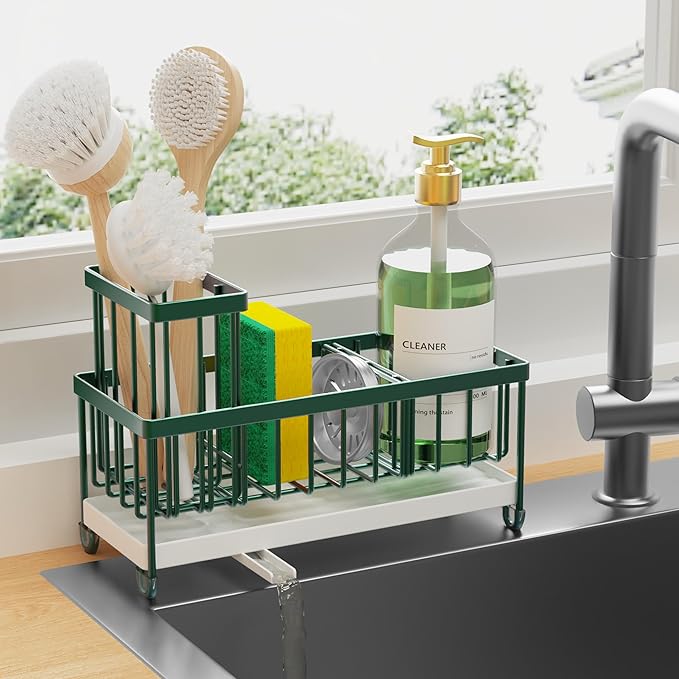 Cisily Sponge Holder for Kitchen Sink, Sink Caddy Organizer with High Brush Holder, Kitchen Countertop Organizers and Storage Essentials, Rustproof 304 Stainless Steel (Dark Green, 9.25â³)