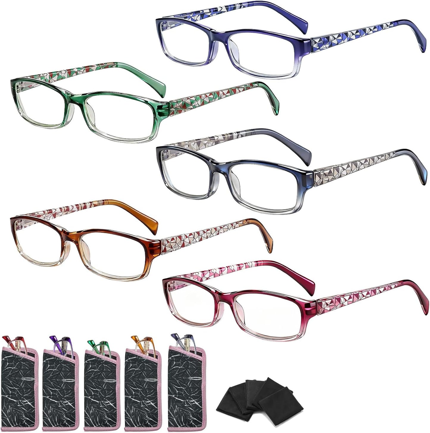Reading Glasses for Women, 5 Pack Blue Light Blocking Computer Ladies Readers Men with Spring Hinge +3.0x