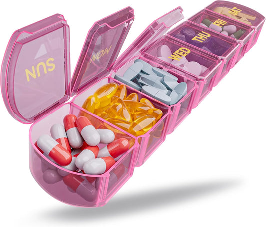 Large Pill Organizer Weekly - SHIJOINYU 7 Day Pill Box with Easy-Open Design, Daily Medicine Pill Organizer for Vitamins, Supplements, Fish Oils and Medications - Pink