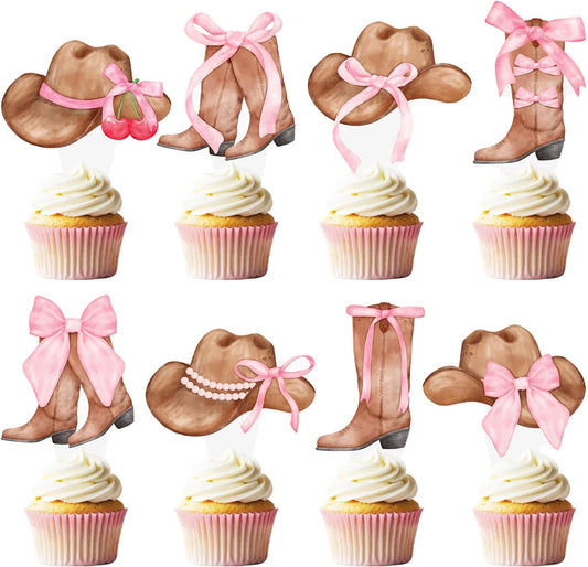 Cowgirl Boots and Hat Pink Bow Cupcake Toppers Coquette Cowgirl Cake Decorations 48PCS Boots and Hats Cupcake Picks Western Cowgirl Birthday Decorations for Girls Wild West Rodeo Party Supplies