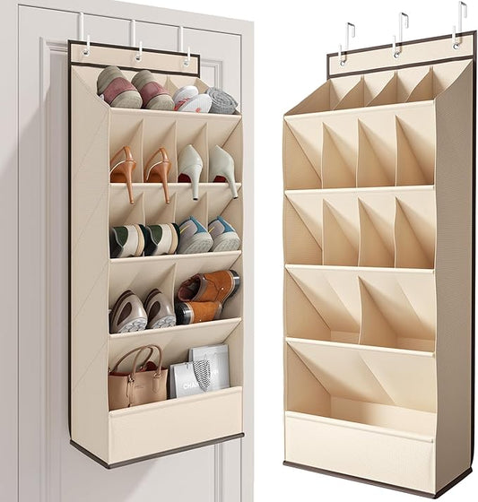 Over the Door Shoe Rack with Large Deep Pockets, Door Shoes Organizer for Closet, Hanging Boots Shoe Rack, Behind the Door Narrow Shoe Holder, Multiple Pockets for Flexible Storage, Beige ï»¿