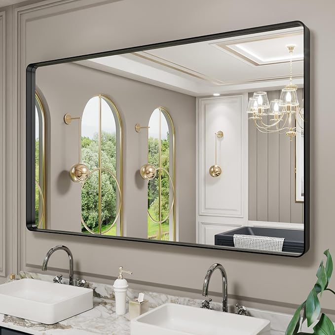 LOAAO 60X30 Inch Black Metal Framed Bathroom Mirror for Wall, Matte Black Bathroom Vanity Mirror Farmhouse, Large Rounded Rectangle Mirror, Anti-Rust, Tempered Glass, Hangs Horizontally or Vertically