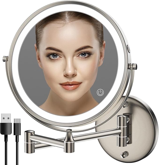 Rocollos Rechargeable Wall Mounted Lighted Makeup Mirror, 8 Inch Double-Sided LED Vanity Mirror 1X/10X Magnification,3 Color Lights Touch Screen Dimmable 360Â°Swivel 13 Inch Extendable