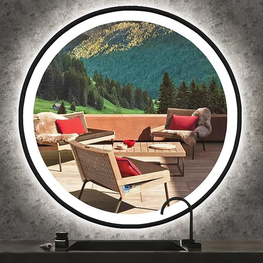 30 Inch Black Round Vanity Mirror with Lights - Black Frame LED Round Mirror for Bathroom - Anti Fog with 3 Color Changing Lights