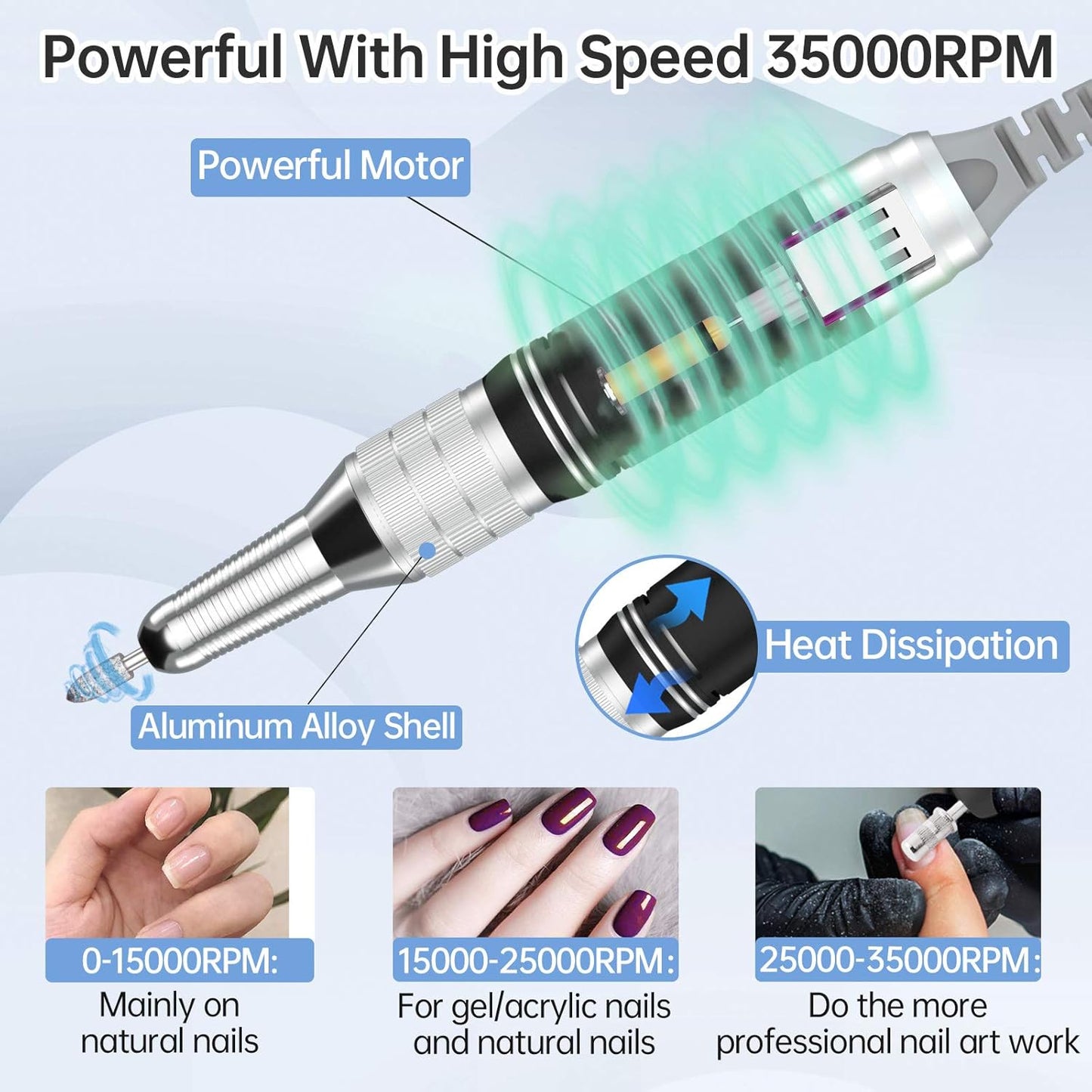 Delanie Professional Portable Electric Nail Drill Machine, 35000 RPM Rechargeable Cordless Nail Filer Electric Nail File Efle for Dip Powder Acrylic Gel Nail, Salon Nail Tool, White