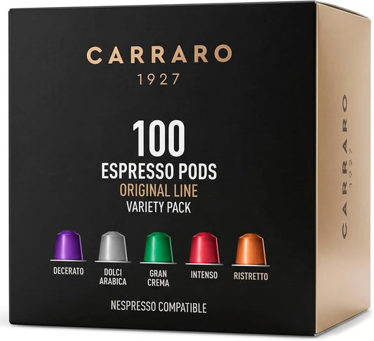 100 Aluminum Espresso Pods Compatible with Nespresso Original Line, Made in Italy - Variety Pack with Decerato, Medium & Dark Roast (Premium Gift Box Not Included)