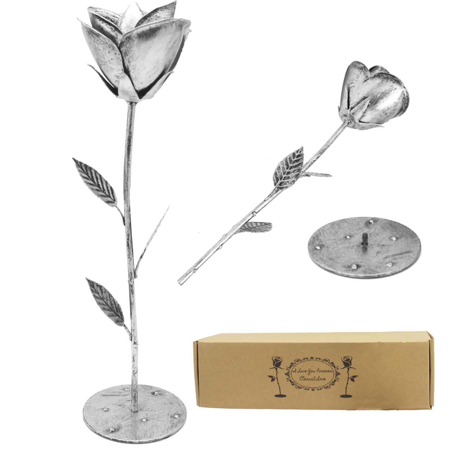 10 Year Gifts Anniversary Tin Wedding Gifts Ten Year for Him Her, 10 Years Anniversary Wedding Unique Gifts Ideas for Wife Couple Silver Metal Rose with Base (Silver)