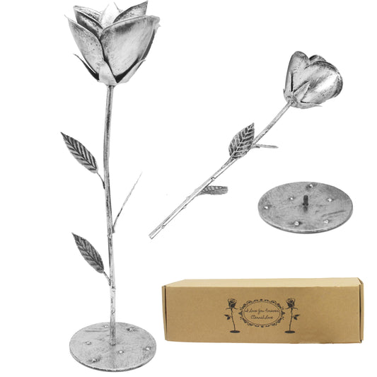 10 Year Gifts Anniversary Tin Wedding Gifts Ten Year for Him Her, 10 Years Anniversary Wedding Unique Gifts Ideas for Wife Couple Silver Metal Rose with Base (Silver)