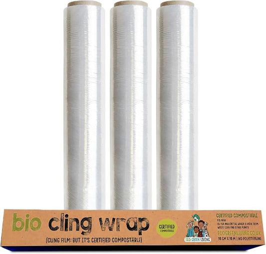 Eco Green Living Biodegradable Cling Film Bio Cling Wrap 100% Compostable, BPA & Plastic-Free Food Wrap, Vegan, Fridge & Freezer Safe, Recyclable Cardboard Dispenser. 3 Pack 30cm x 30m