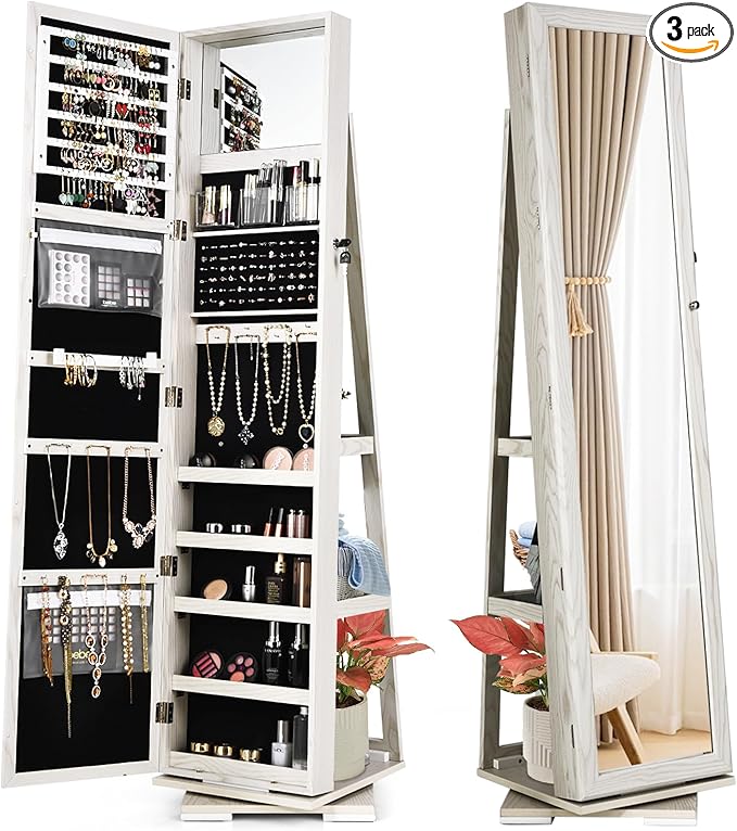 360Â° Swivel LED Mirror Jewelry Cabinet with Full Length Mirror, Lockable Floor Standing Mirrored Jewelry Armoire Organizer w/Inside Makeup Mirror & Back Storage Shelves (Grayish White)