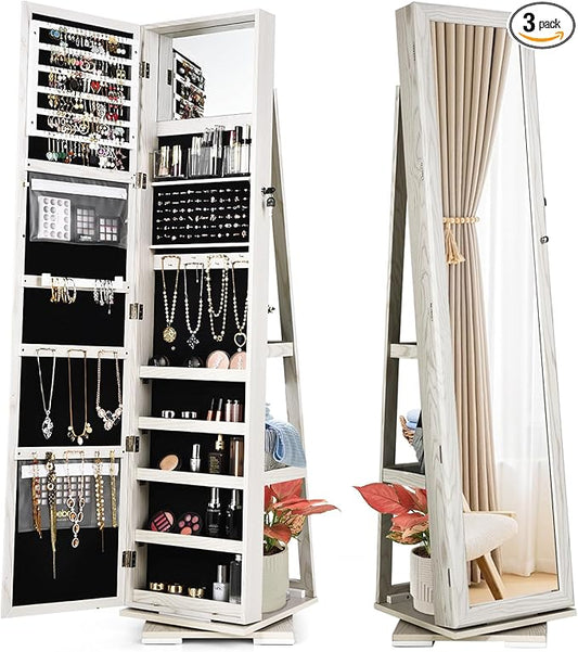 360Â° Swivel LED Mirror Jewelry Cabinet with Full Length Mirror, Lockable Floor Standing Mirrored Jewelry Armoire Organizer w/Inside Makeup Mirror & Back Storage Shelves (Grayish White)