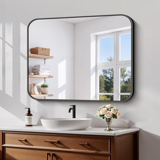 Koonmi Black Framed Bathroom Mirror - 28x36 Inch Shatterproof Tempered Glass Vanity Mirror for Bathroom Sink, Wall Mounted with Matte Aluminum Alloy Frame, No Distortion, Modern Decor