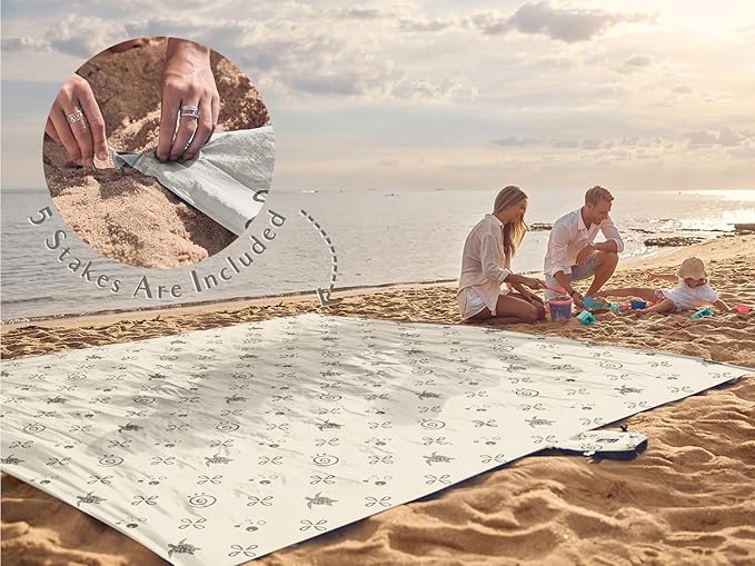 WEKAPO Beach Blanket Waterproof Sandproof Oversized Extra Large Sand Free Beach Mat with Stakes, Storage Bag - Essentials for Outdoor Beach, Picnic (Light Small Sea Turtle, 11 X 9 FT (1~10 Person))