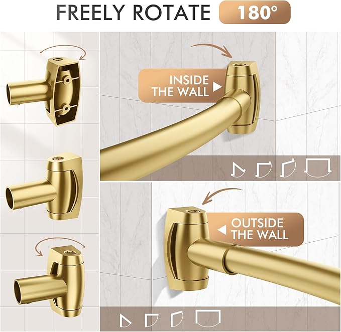 Curved Shower Curtain Rod for Bathroom, 40-72 Inches Adjustable Curved Shower Rod, 0.9MM Aluminum Rustproof Shower Curtain Rod with Rotating Brackets for Extra Shower Space, Need to Drill, Gold