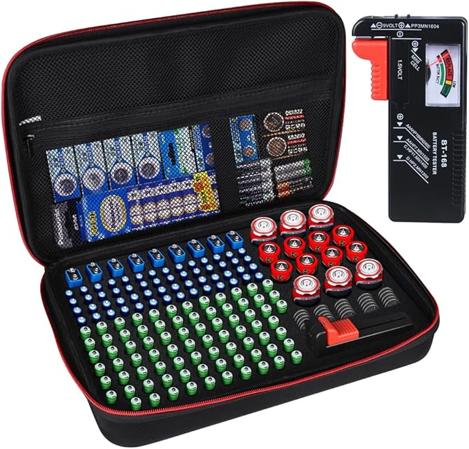 Battery Organizer Storage Box with Tester, Battery Vault Case Fireproof Waterproof Explosionproof Holder Box with Tester BT-168 Checker Carrying Case Container Bag Fit for 200+ Batteries AA AAA C D 9V