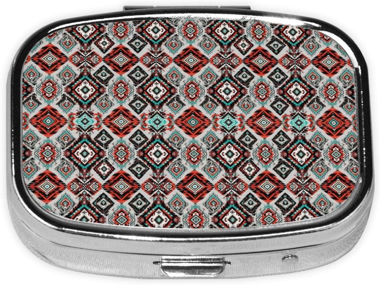 Outdoor Pill Box Rugged Medicine Case Waterproof Supplement Organizer Backpacking Gear, Geometric Indiana Western Southwest Tribal Ethnic Aztec Red Turquoise