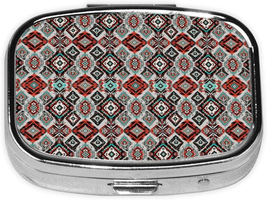 Outdoor Pill Box Rugged Medicine Case Waterproof Supplement Organizer Backpacking Gear, Geometric Indiana Western Southwest Tribal Ethnic Aztec Red Turquoise