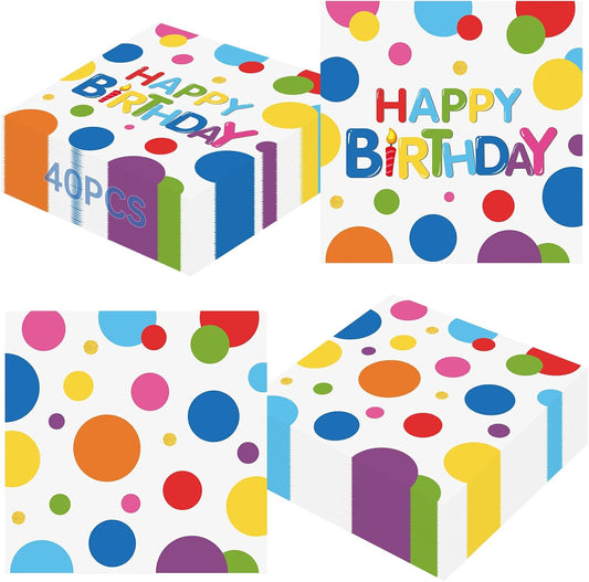 40 Pcs Happy Birthday Napkins, 6.5X6.5 Inch Colourful Dots Paper Napkin, Disposable Square Lunch Dinner Cocktail Napkins for Adults & Kids Happy Birthday Day Party Supplies Table Decorations