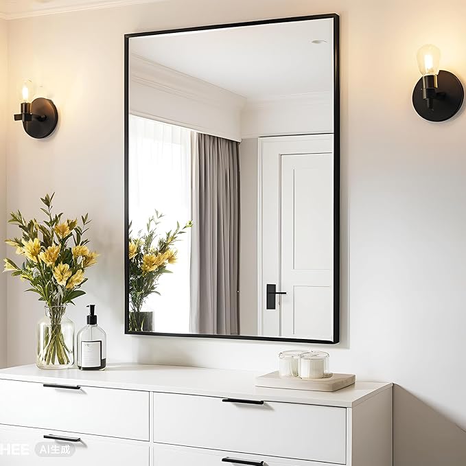 Rectangle Bathroom Mirror 30x36 inch, Large Mirror with Black Frame, Rectangular Vanity Mirror 30" X 36", Modern Matte Wall Mounting Mirrors, Hang Horizontal or Vertical