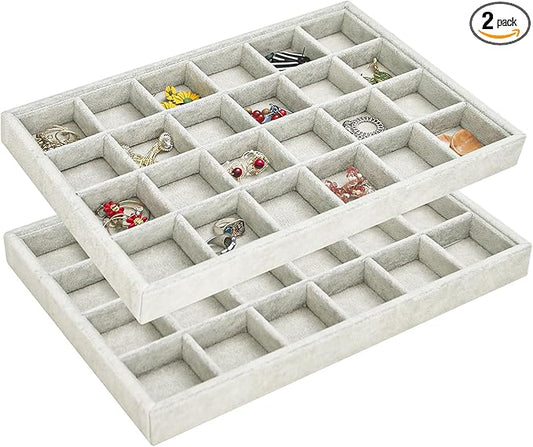 2pcs/Set Velvet Jewelry Tray, 24 Grids Large Storage Tray for Bracelet Bangle Beads Display, Jewellery Organizer Box Tray for Home Drawer or Shop Store Selling Show (Grey Velvet)