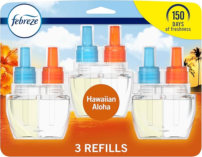 Febreze Plug In Air Freshener, Odor-Fighting Scented Oil Refill, Air Fresheners for Home and Bathroom and Kitchen, Long Lasting for Strong Odors, Hawaiian Aloha Scent, 0.87oz Refills, 3 Count