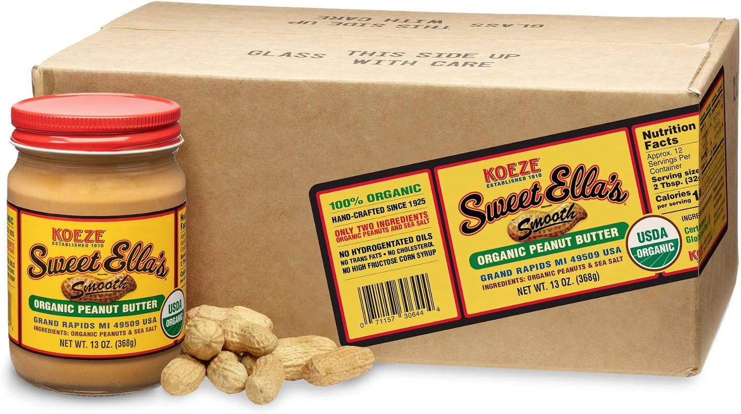 Koeze Sweet Ella’s Organic Peanut Butter Smooth – USDA Organic Spanish Peanuts, Natural Peanut Butter with Sea Salt, No Added Sugar or Oils, Small Batch Peanut Butter, 13 oz Jar (Pack of 6)
