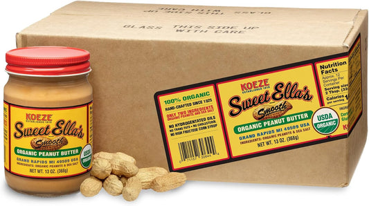 Koeze Sweet Ella’s Organic Peanut Butter Smooth – USDA Organic Spanish Peanuts, Natural Peanut Butter with Sea Salt, No Added Sugar or Oils, Small Batch Peanut Butter, 13 oz Jar (Pack of 6)