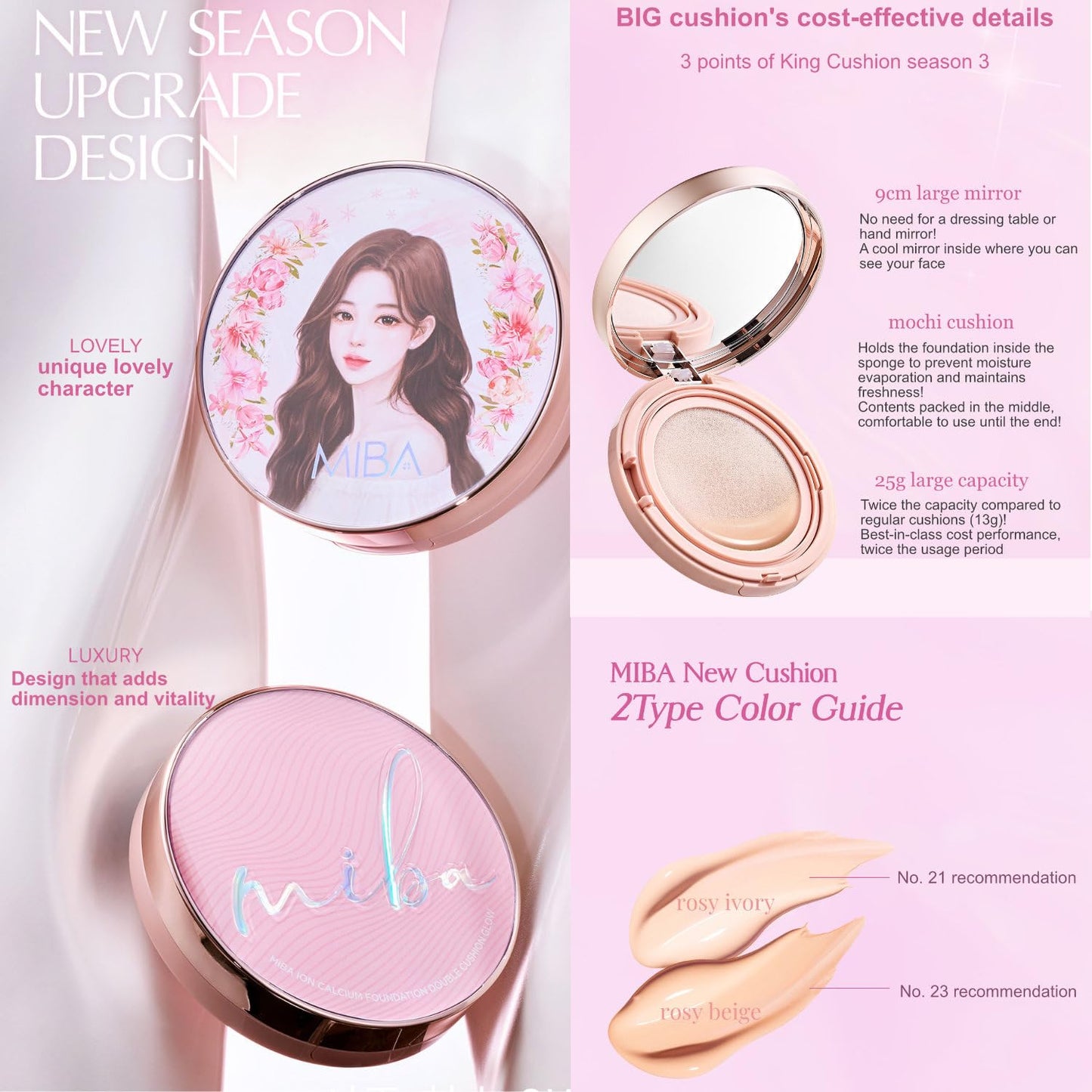 MIBA Ion Calcium Foundation Double Cushion Glow 25 g / 0.88 oz Big Cushion SEASON 3. Long Lasting Cover Effect. Moisture glow. Skin tightening relief. Smooth adhesion. (Lovely #21 Rosy Ivory)