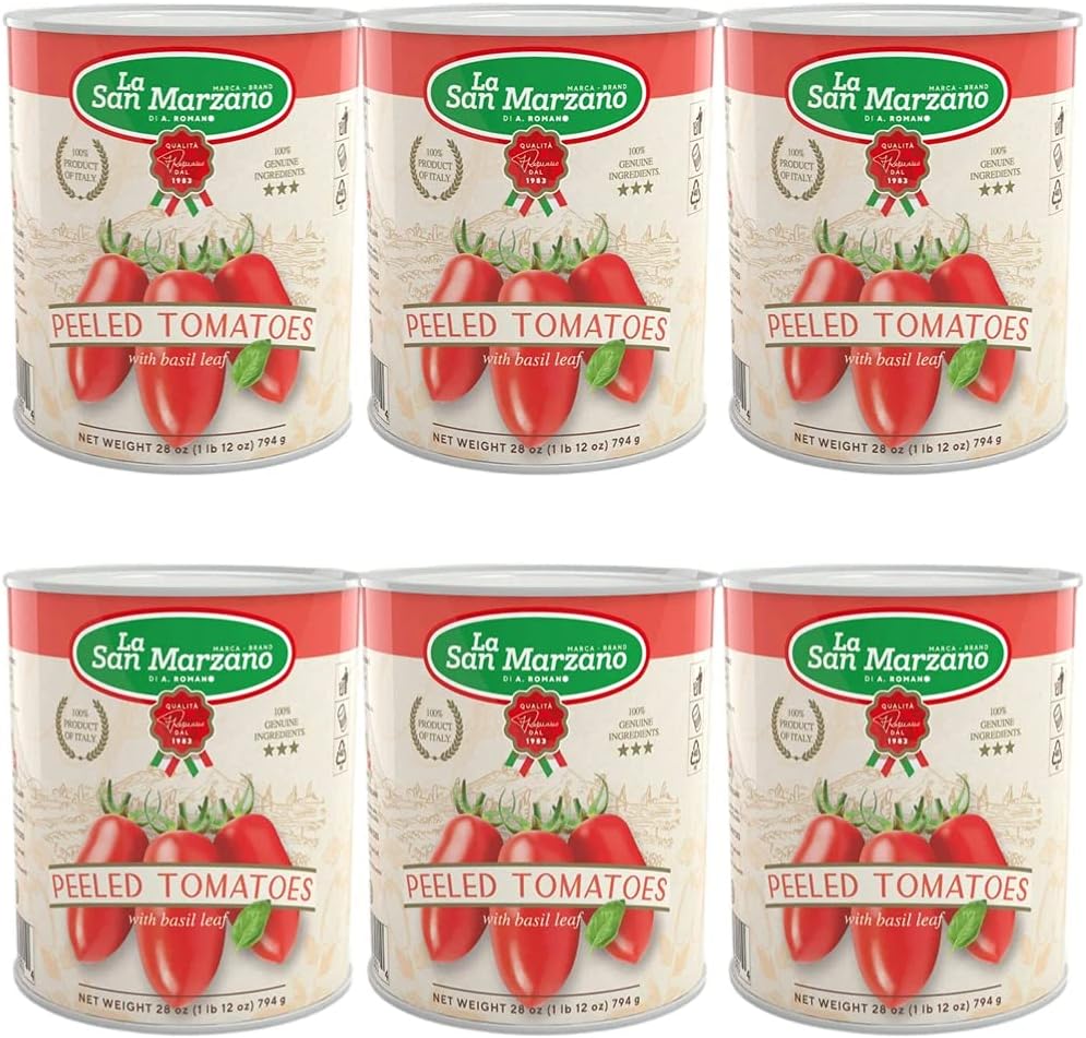 Italian Canned Peeled Tomatoes With Basil Leaf La San Marzano 100% Product of Italy 28 Oz can - 100% Genuine Ingredients With San Marzano Tomatoes (Pack of 6)