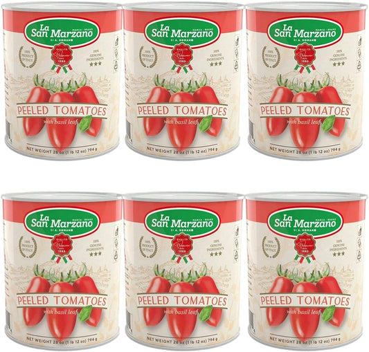 Italian Canned Peeled Tomatoes With Basil Leaf La San Marzano 100% Product of Italy 28 Oz can - 100% Genuine Ingredients With San Marzano Tomatoes (Pack of 6)
