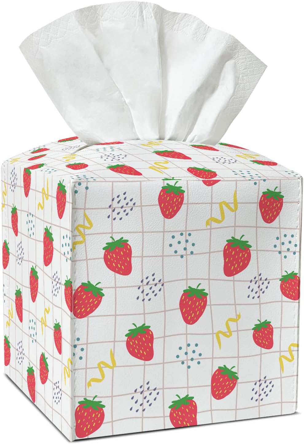 Strawberry Tissue Box Covers Square, Leather Tissue Box Holders Decorative for Car Nightstand Home Office Bathroom Organizer, Square Facial Paper Organizer Home Decor -016