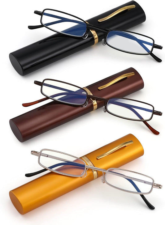 3 Pack Slim Pocket Reading Glasses for Men Women Blue Light Blocking Compact Readers Spring Hinge Metal Frame