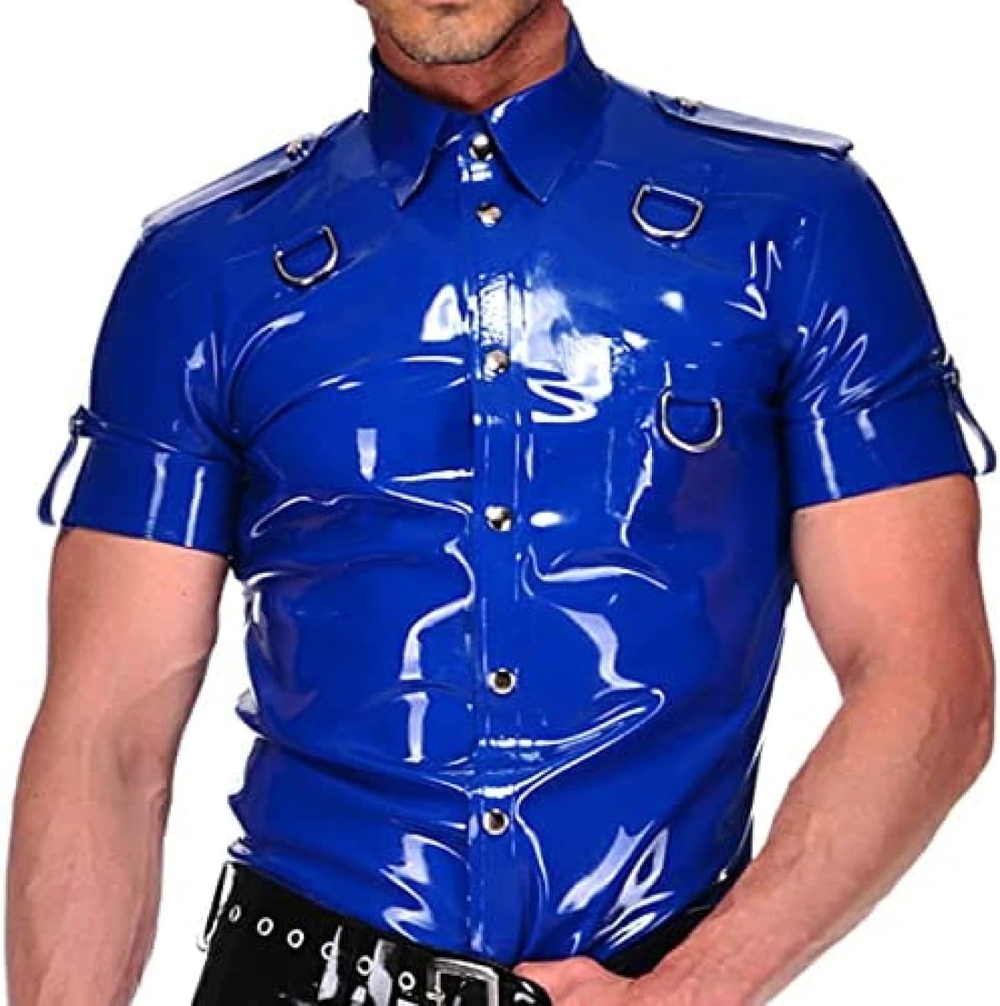 Latex Shirt with Buttons On The Front, Turn-Down Collar, Short Sleeves, D-Rings, Rubber Top Clothing,Blue,L