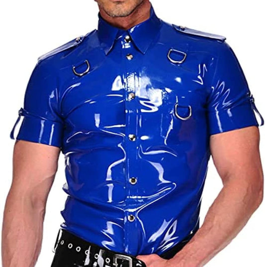 Latex Shirt with Buttons On The Front, Turn-Down Collar, Short Sleeves, D-Rings, Rubber Top Clothing,Black,L