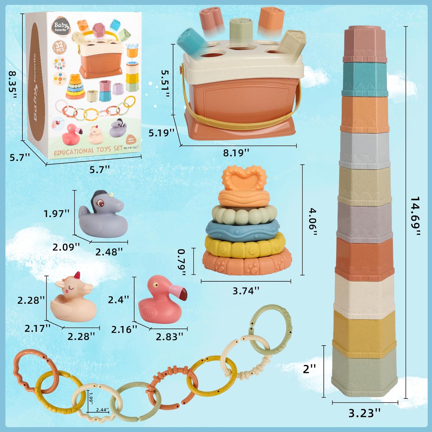 BYFWH Shape Sorters Baby Toys 5 in 1 Montessori Toy for 6-48 Months Stacking Cups,Rings Toy Links,Soft Stacking Rings,Blocks Set,Soft Animals Toys Shape Sorters for Toddlers 1-3