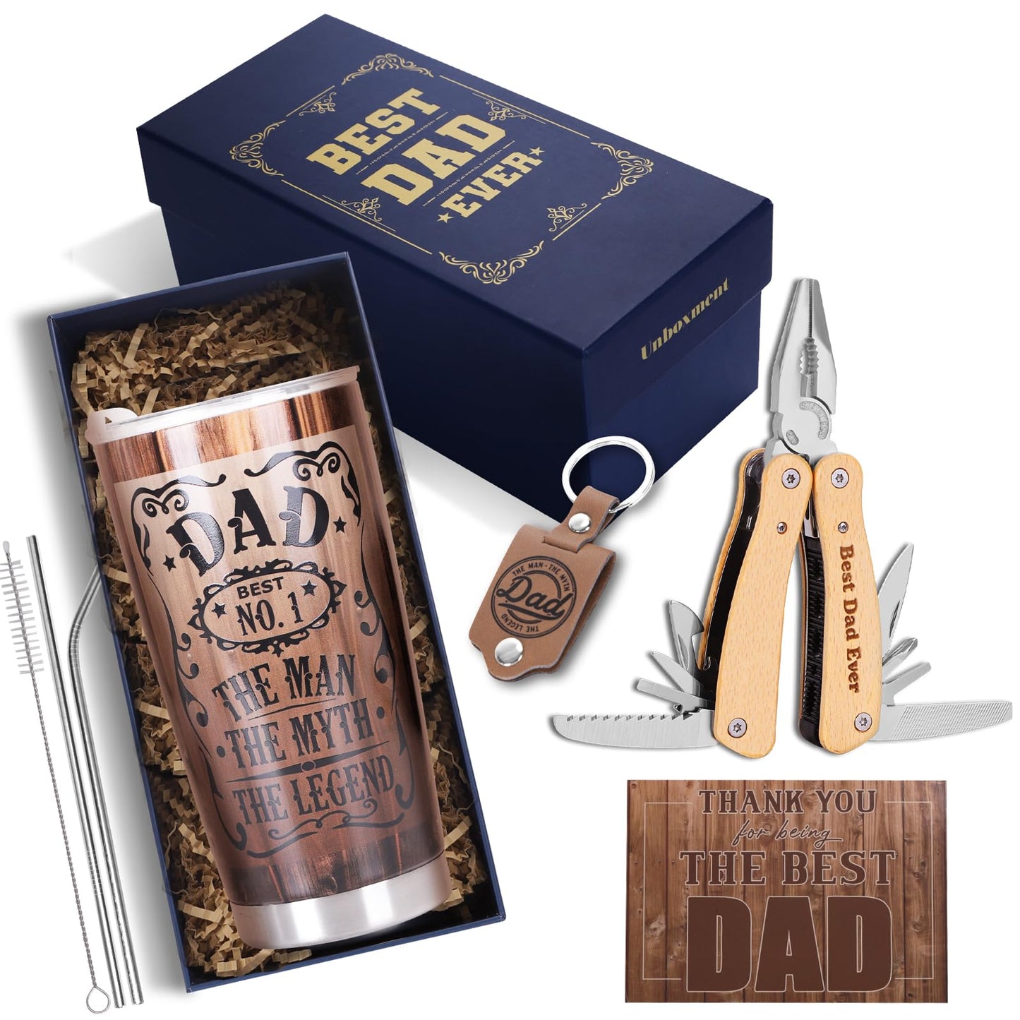 UNBOXMENT Fathers Day Dad Gifts, Best Dad Ever Gifts Basket, Retro Vintage Birthday Gifts for Dad Men, Tumbler Mug, Multitool, Keychain, Card, with Stylish Gift Box