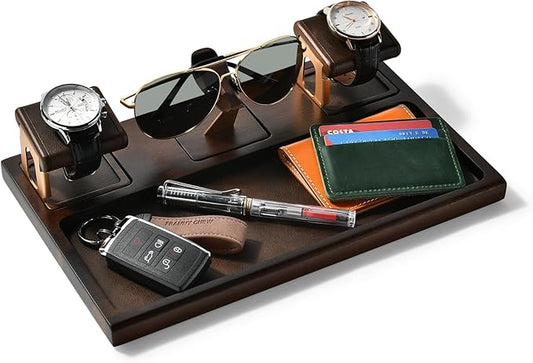 Shanik Wooden Nightstand Organizer â Everyday Carry Docking Station with Watch Holder & Glasses Tray, Personalized Gift for Men or Women