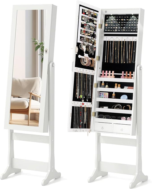 COSTWAY Standing Jewelry Cabinet, Large Storage Jewelry Armoire with Full Length Mirror, 4 Adjustable Angles & 2 LED Lights for Women, Girls (White)