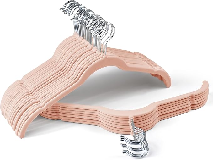 Premium Velvet Shirt Hangers 30 Pack, Non-Slip 360Â° Swivel Hook Space-Saving Felt Hanger, Slim Flocked Hangers for Blouses, Strappy Dresses, Tank Tops(Pink)