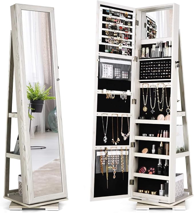 CHARMAID 360Â° Swivel Jewelry Armoire with Higher Full Length Mirror & Inside Makeup Mirror, Standing Lockable Jewelry Cabinet Organizer, Large Capacity, Back Storage Shelves (Grayish White)