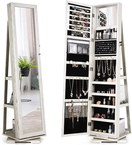 CHARMAID 360Â° Swivel Jewelry Armoire with Higher Full Length Mirror & Inside Makeup Mirror, Standing Lockable Jewelry Cabinet Organizer, Large Capacity, Back Storage Shelves (Grayish White)