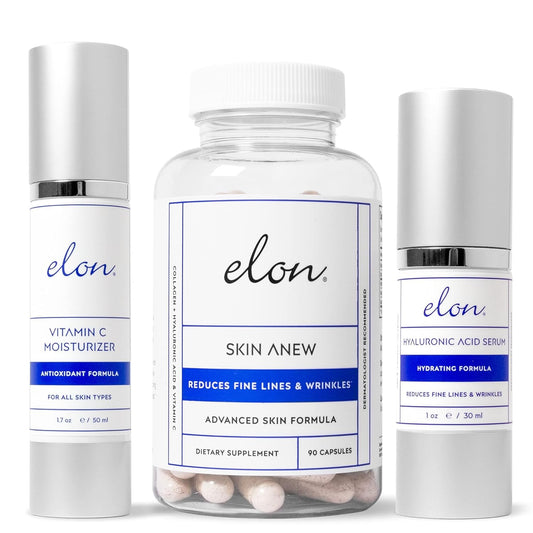 Elon Face Skin Care Set â Skin Care Kit w/ Antioxidant C Moisturizer for Face, Skin Anew Hydrolyzed Collagen Capsules, & Hyaluronic Acid Serum for Face â Skin Care Products for All Skin Types