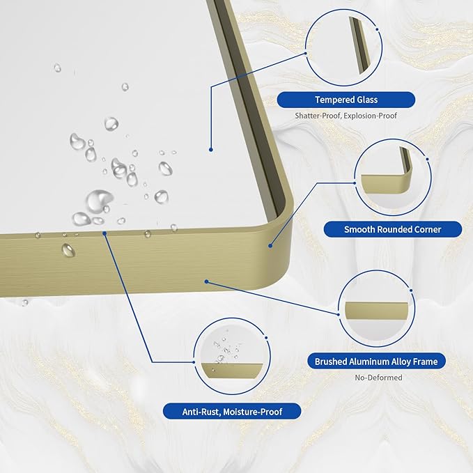 WEER Gold Bathroom Mirror, 40X32 Inch Brushed Gold Metal Frame Mirror, Rounded Rectangle Gold Bathroom Vanity Mirror for Wall, Tempered Glass, Anti-Rust, Hangs Horizontally or Vertically